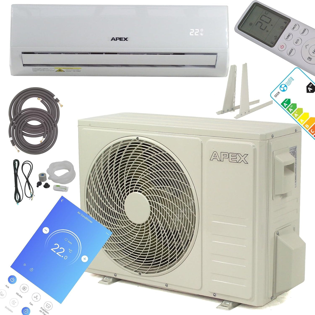 Apex Split Klimaanlage, 18000 BTU, 47 dB, 5140W, Fernbedienung, App-Steuerung, App-/WLAN-Steuerung, Kühl, Display, Schlafmodus, Lüfter-Funktion