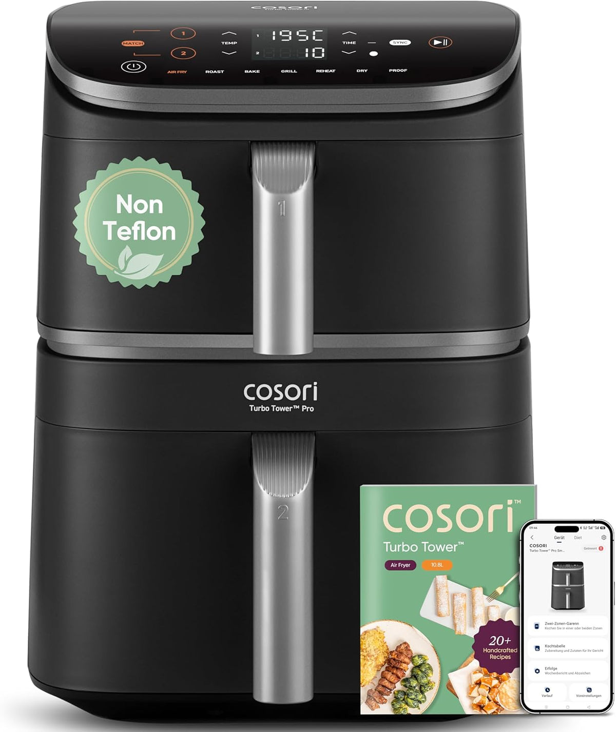 COSORI Turbo Tower Pro Smart Airfryer, Sofa, Heißluftfritteuse, 10,8 l, 6,5 l, 23,5 cm, 8,5 cm, 12,5 cm, WLAN, App, Edelstahl