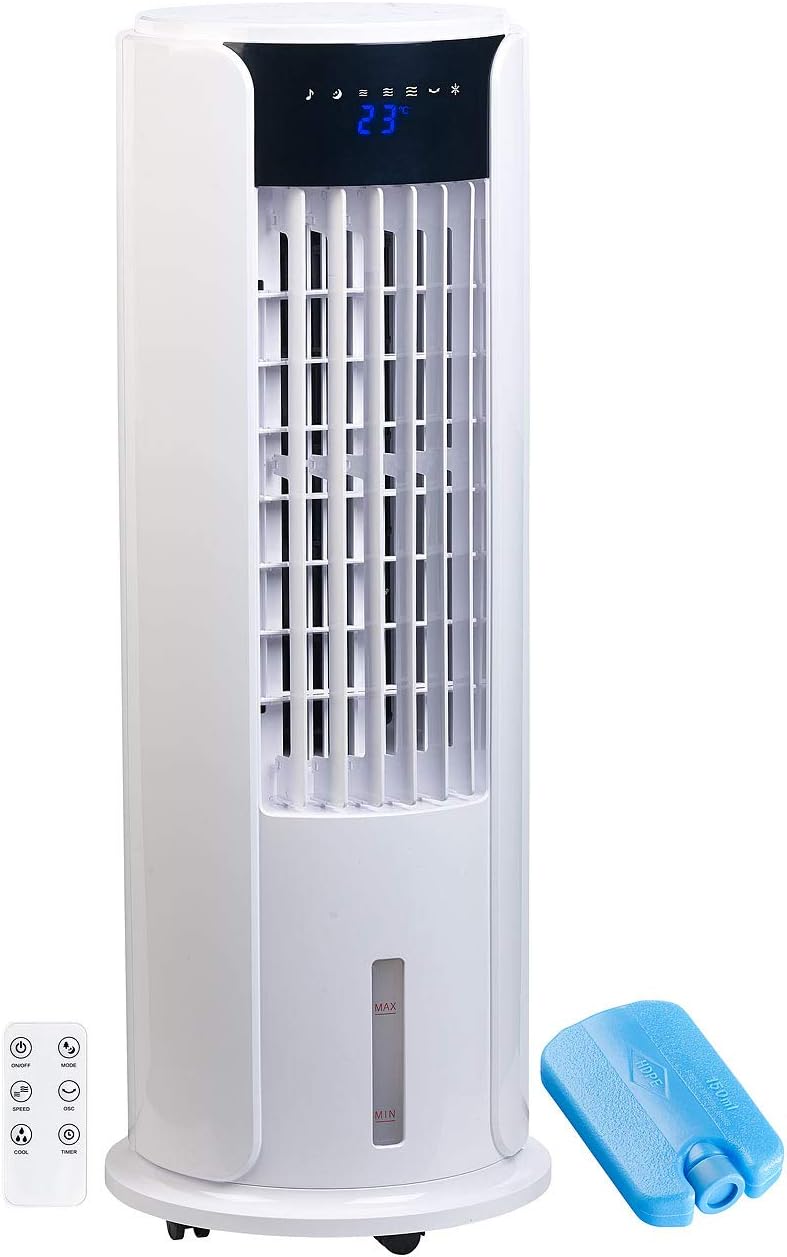 Sichler Haushaltsgeräte Luftkühler mit Kühlakkus: 3in1-Luftkühler, Turmventilator, Automatisch, 5 °C, 183 ml, 1 - 8 Stunden, 20 Minuten, 59,9 dB