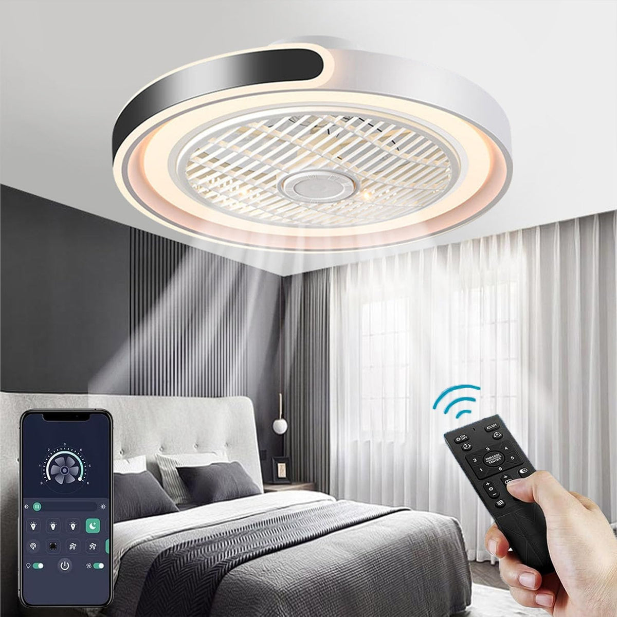 ASJK Deckenventilator mit Licht, Deckenlampe, Schlafzimmerventilator, 72 W, 2 Stunden, 8 Stunden, APP, LED, Weiß