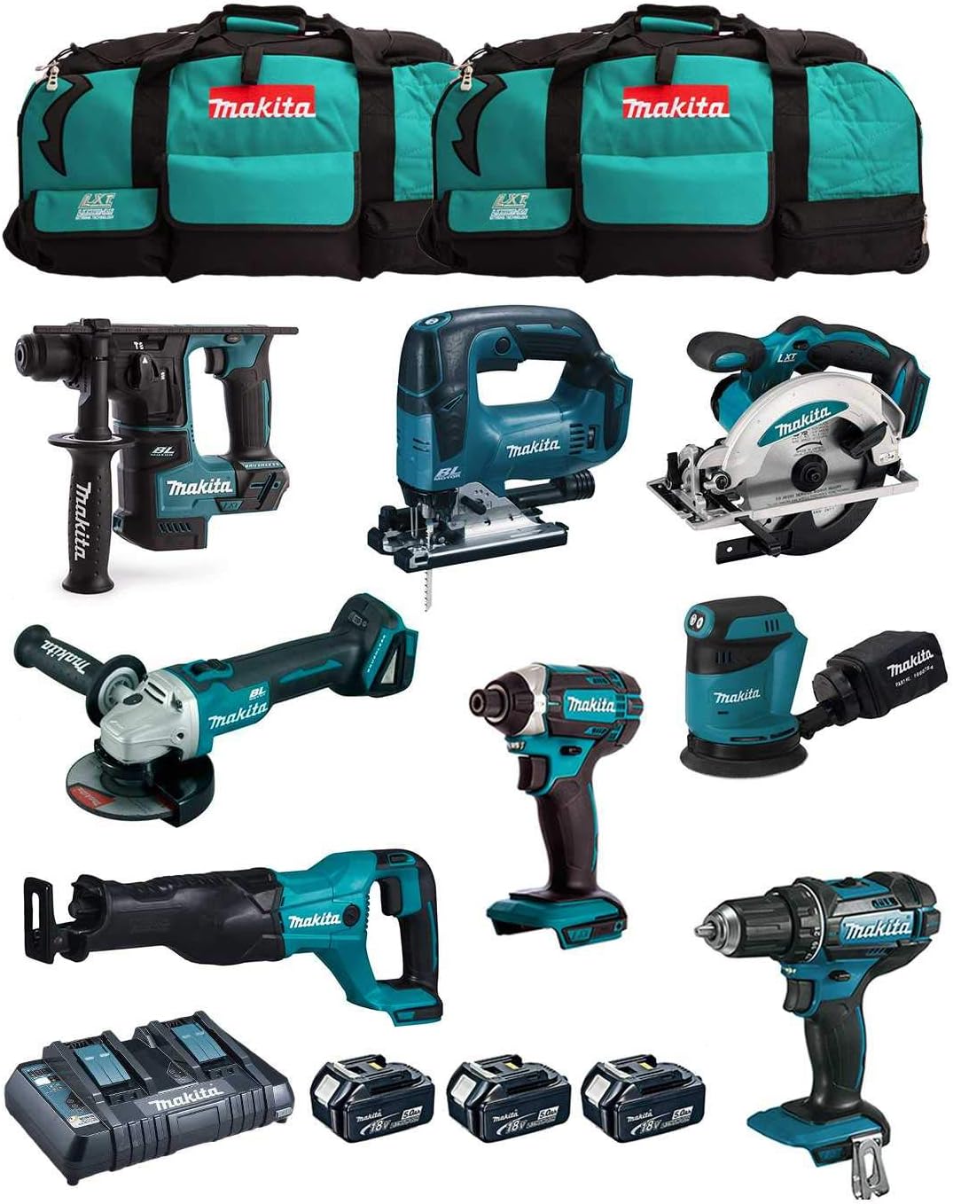 Makita MK801: 8-teiliges 18 V Profi-Werkzeug-Set (DDF482, Bohrschrauber, Schlagschrauber, 5,0 Ah
