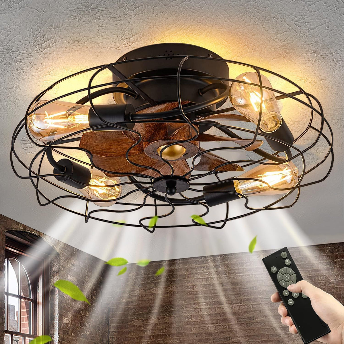 TRUYOK Deckenventilator Licht Retro LED Deckenventilator mit Beleuchtung, Fernbedienung, für Schlafzimmer Wohnzimmer Küche Beleuchtung, Schwarz
