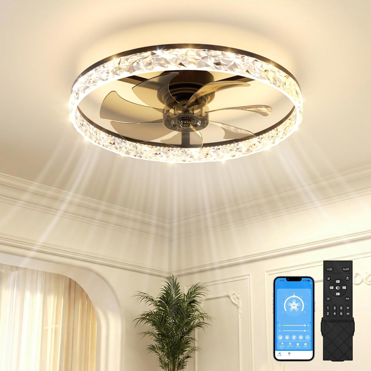 VOLISUN Deckenventilator mit Beleuchtung und Fernbedienung, Deckenlampe, Deckenlichtventilator, App, LED