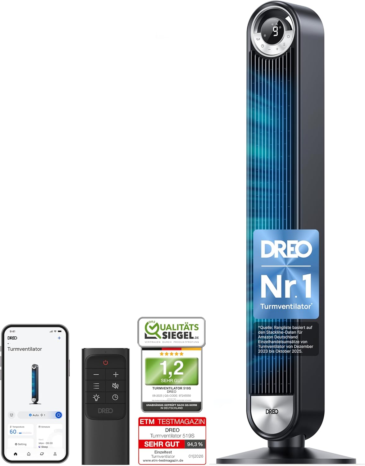 DREO 25 dB Leiser Smart Turmventilator, Bodenventilator, Automatisch, Schlafzimmer