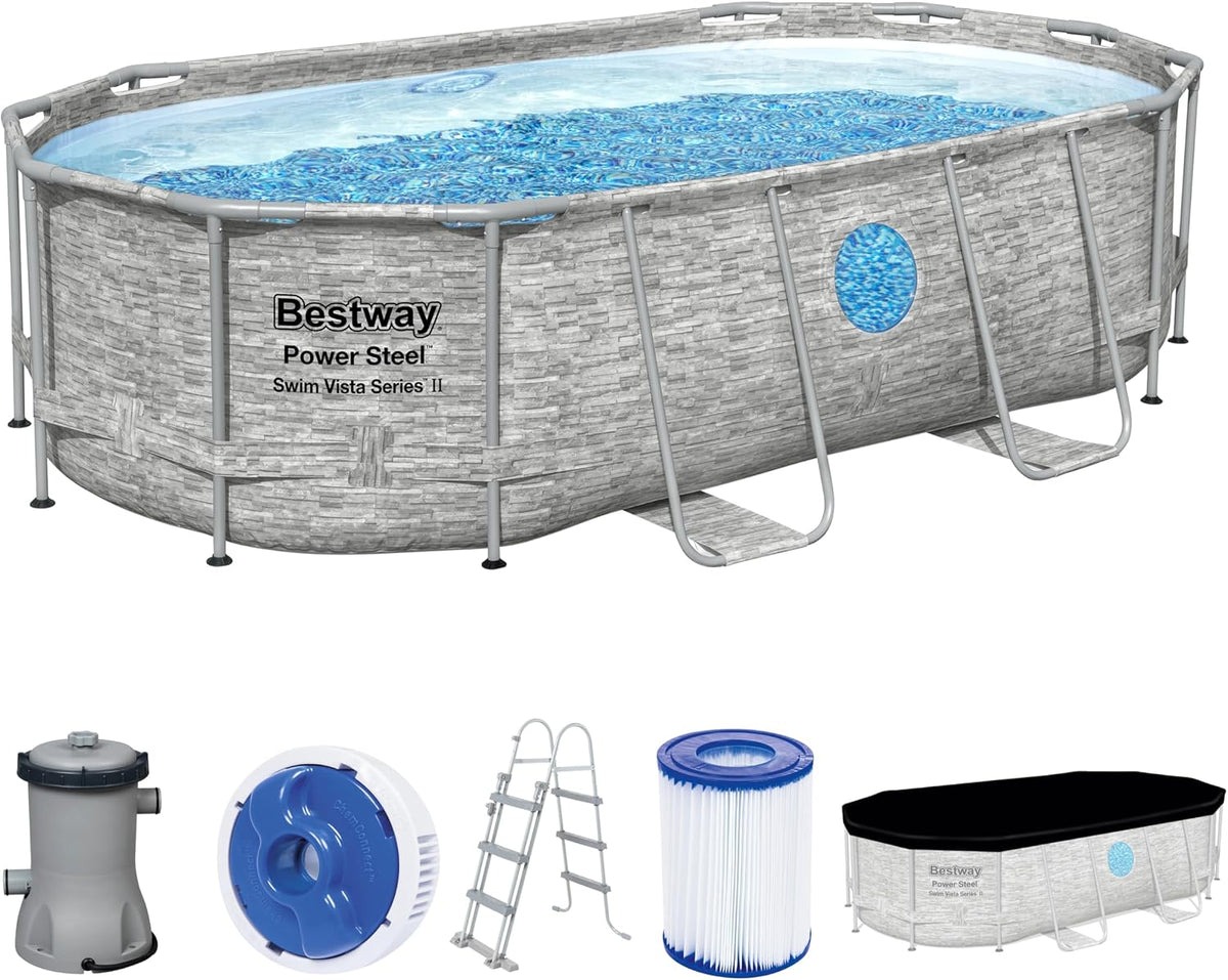 Bestway Power Steel Swim Vista Series Frame Pool Komplett-Set mit Filterpumpe 427 × 250, Outdoor, 100 cm