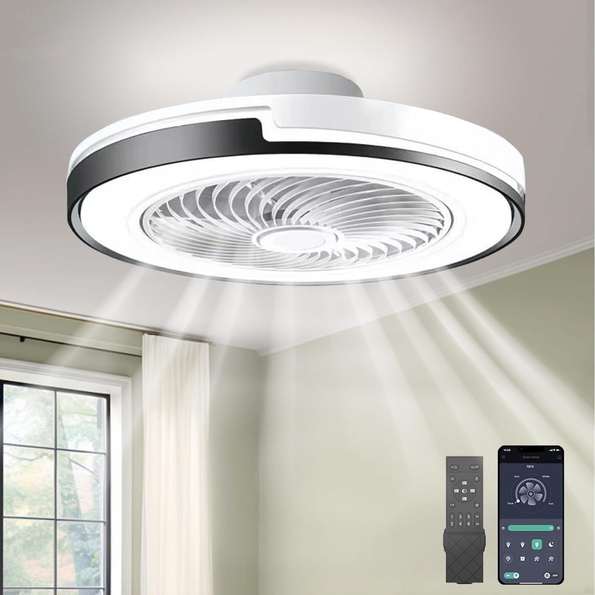 ANZHUANG LED Deckenventilator mit Beleuchtung, Leise 6 Windstufen, lampe, 50 cm, Fernbedienung, APP, Timer, für Wohnzimmer Schlafzimmer