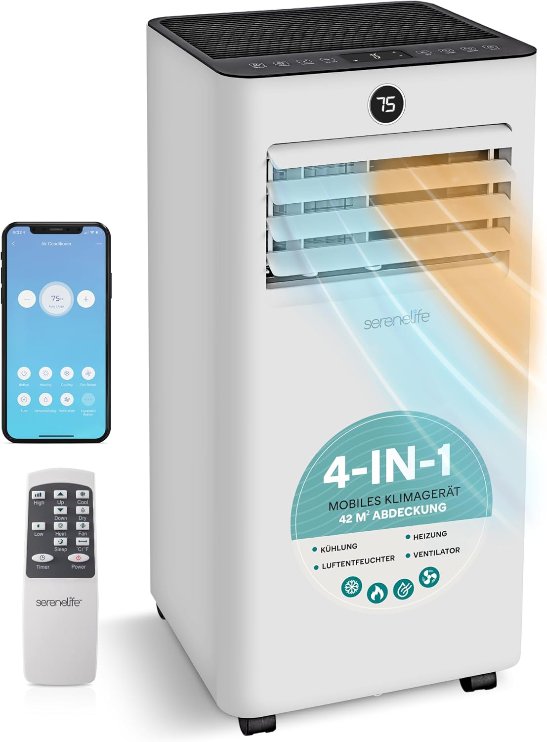 SereneLife Klimaanlage 7000BTU 2.05 kW- 4-in-1 Mobiles Klimagerät mit WLAN, Ventilator, Für Zuhause, Büro, 54 dB