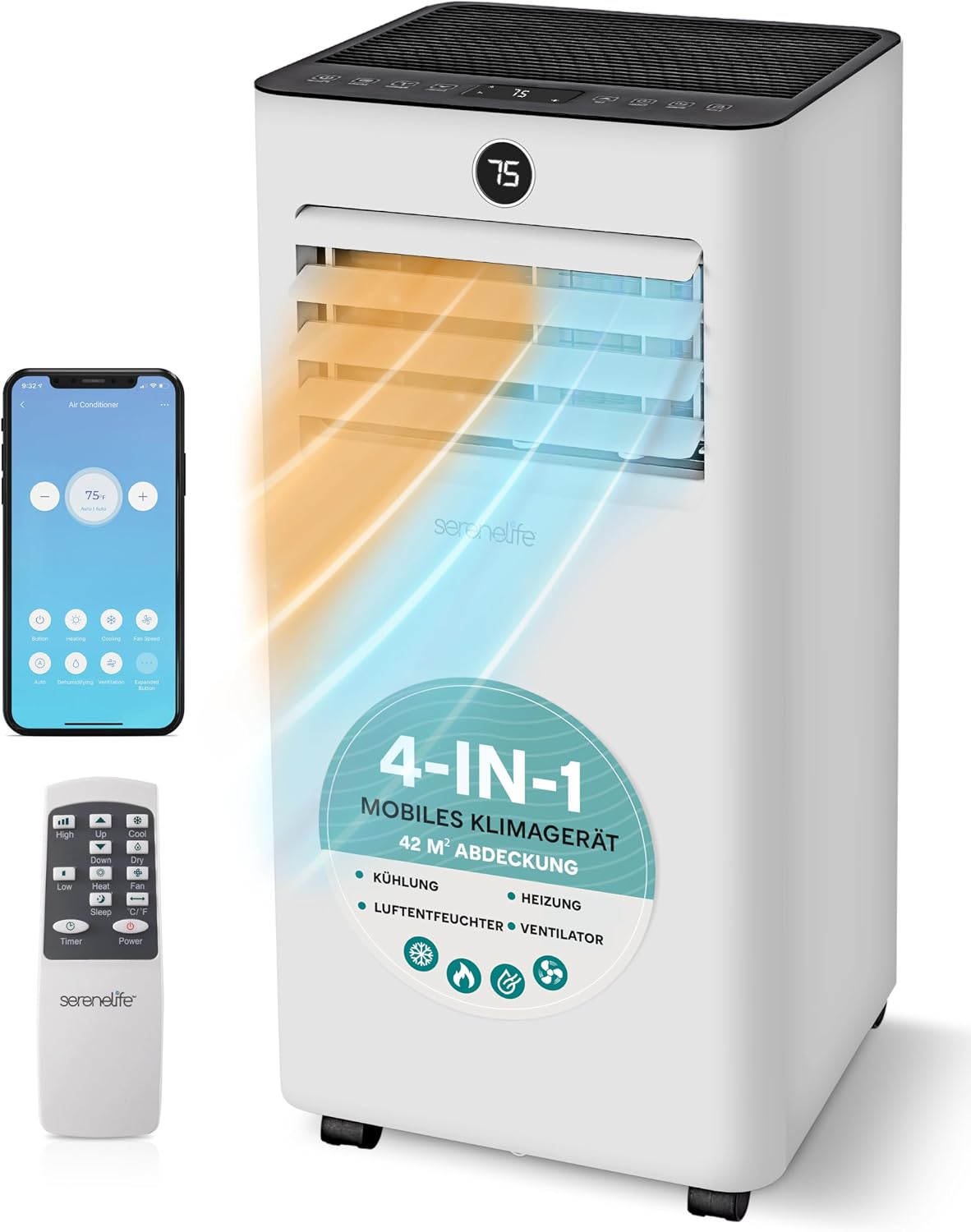 SereneLife Mobile Klimaanlage 9000BTU mit Abluftschlauch, Ventilator, Schlafzimmer, 55 dB, 29 cm, WLAN