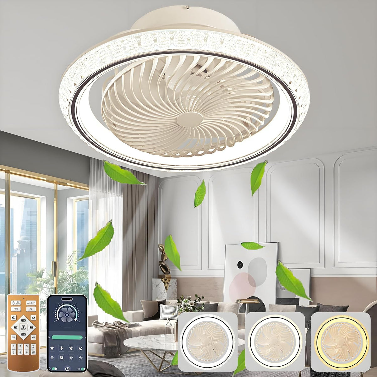 AJZXQM LED Deckenventilator mit Beleuchtung, 75W Deckenlampe mit Ventilator, 360° Drehung Lampe mit Ventilator, 30 dB, Fernbedienung und APP