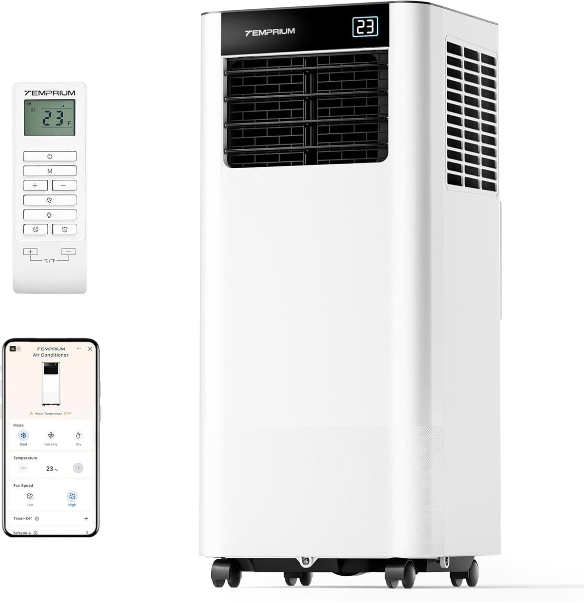 Temprium Mobile Klimaanlage 9000 BTU 2, 6 Mobile Klimaanlage, 53-dB-Schlafmodus, 24h-Timer, 24-h-Timer, Für Räume bis 25m2, 3-in-1 Mobiles Klimagerät