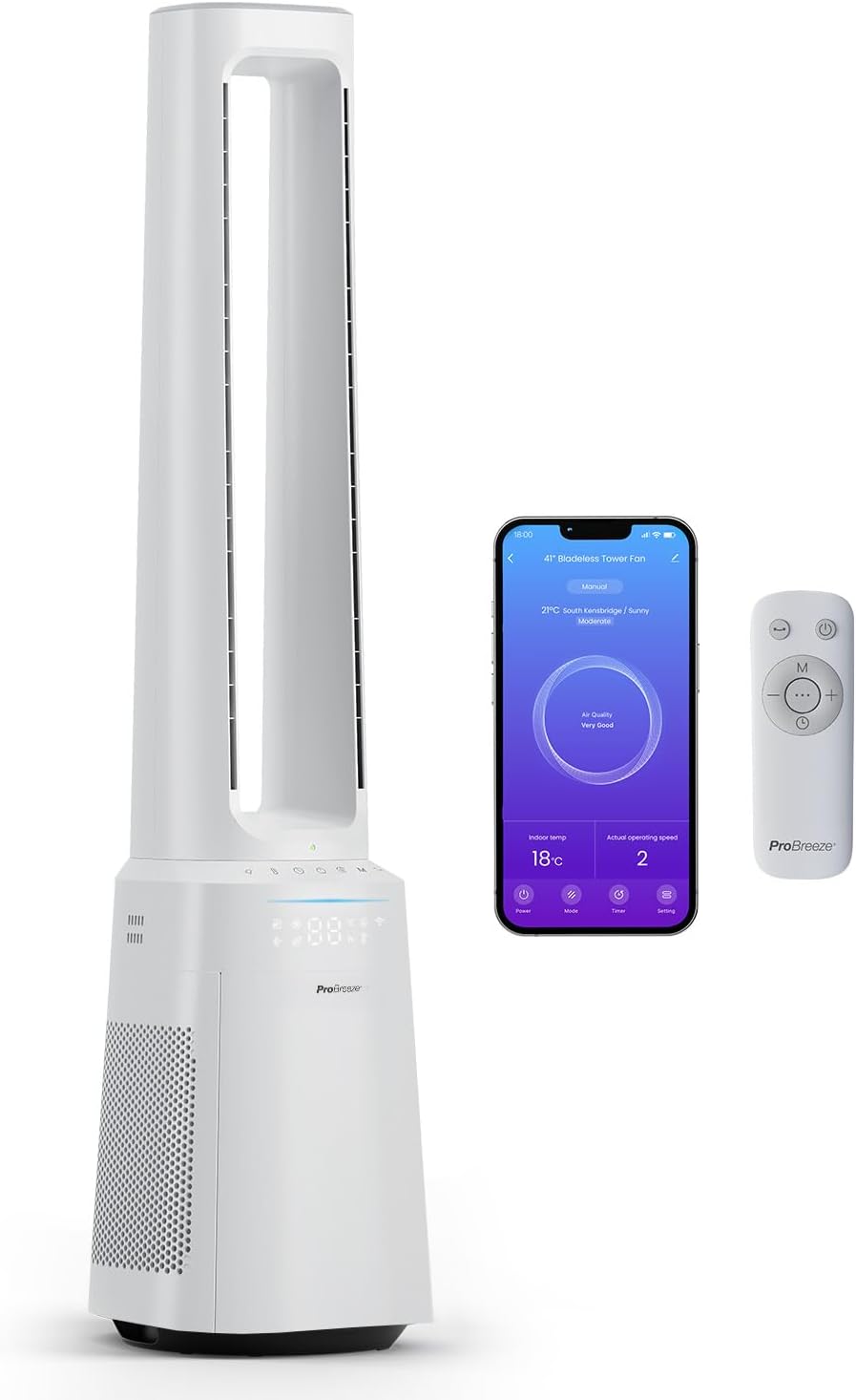 Pro Breeze OmniAir 105 cm rotorloser Ventilator mit Luftreiniger - Smart Home Ventilator, Automatisch, Turmventilator, 62 dB, 38 dB